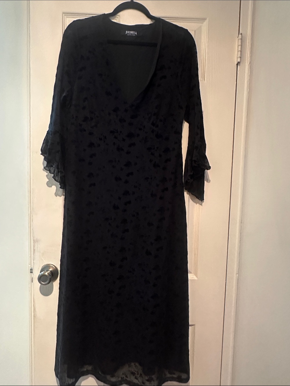 Disturbia Black Velvet Burnout Midi Dress with Ruffled Sleeves